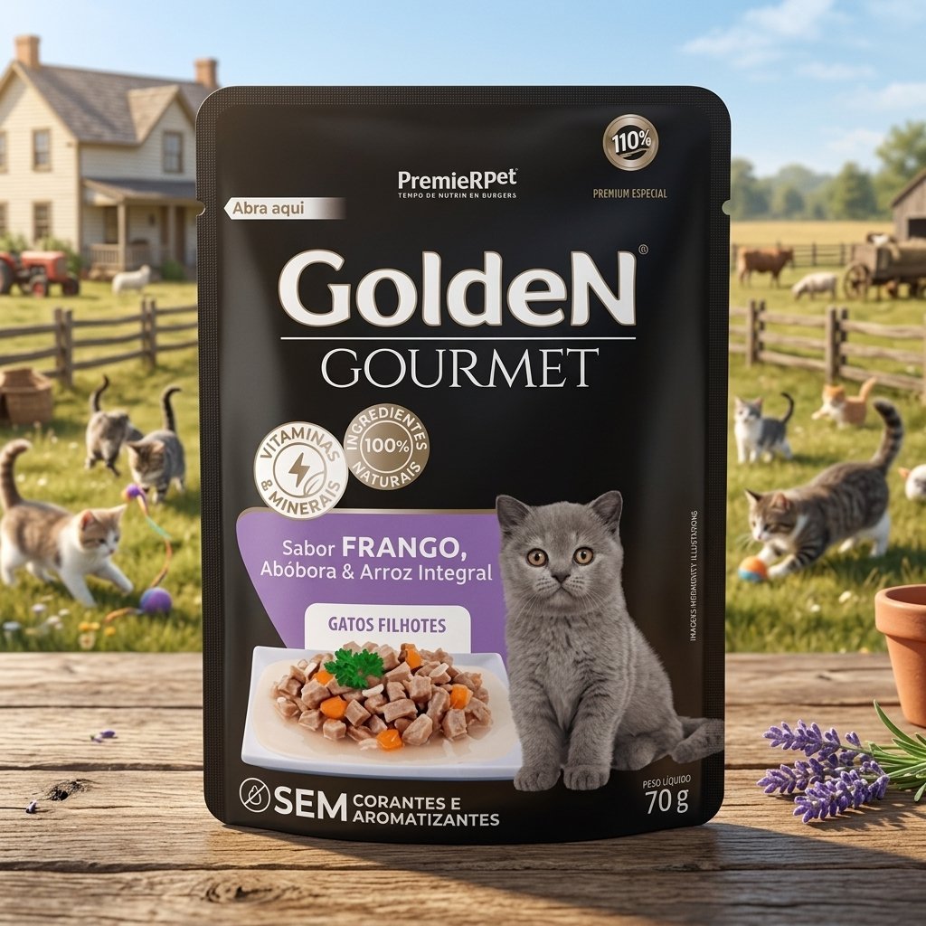 Sachê Golden Gourmet Gatos Filhotes Sabor Frango 70g, embalagem com ilustração de gato filhote e pedaços de frango.