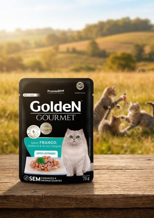Sachê de ração úmida Golden Gourmet para gatos castrados sabor frango 70g, embalagem azul e dourada.