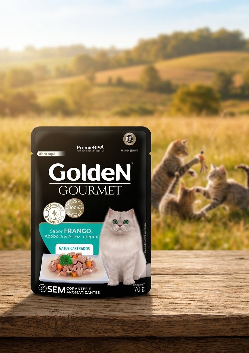 Sachê de ração úmida Golden Gourmet para gatos castrados sabor frango 70g, embalagem azul e dourada.