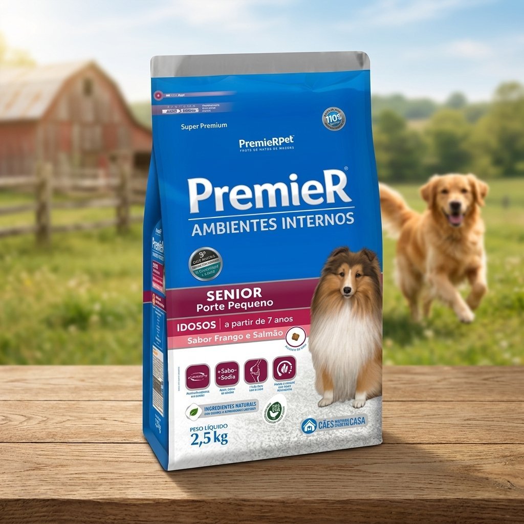 Ração Premier Ambientes Internos Cães Adultos Pequeno Porte Frango e Salmão 2,5kg embalagem