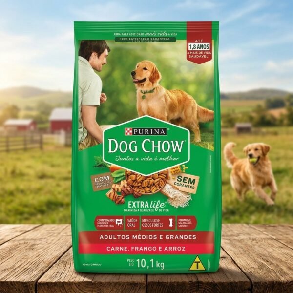 Ração Purina Dog Chow Adultos Todos os Tamanhos Sabor Carne 10,1kg, embalagem frontal com imagem de cão feliz e ingredientes.