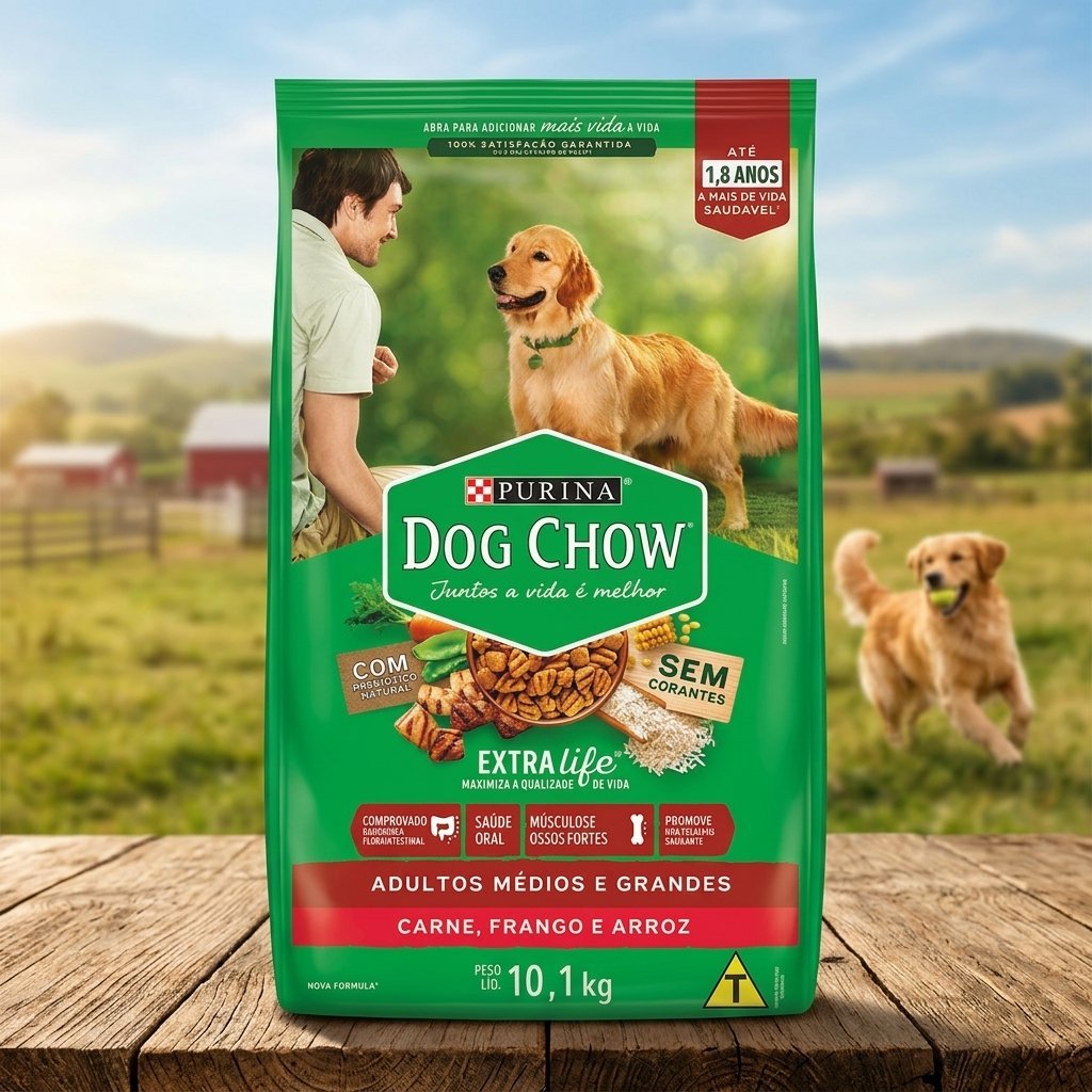 Ração Purina Dog Chow Adultos Todos os Tamanhos Sabor Carne 10,1kg, embalagem frontal com imagem de cão feliz e ingredientes.