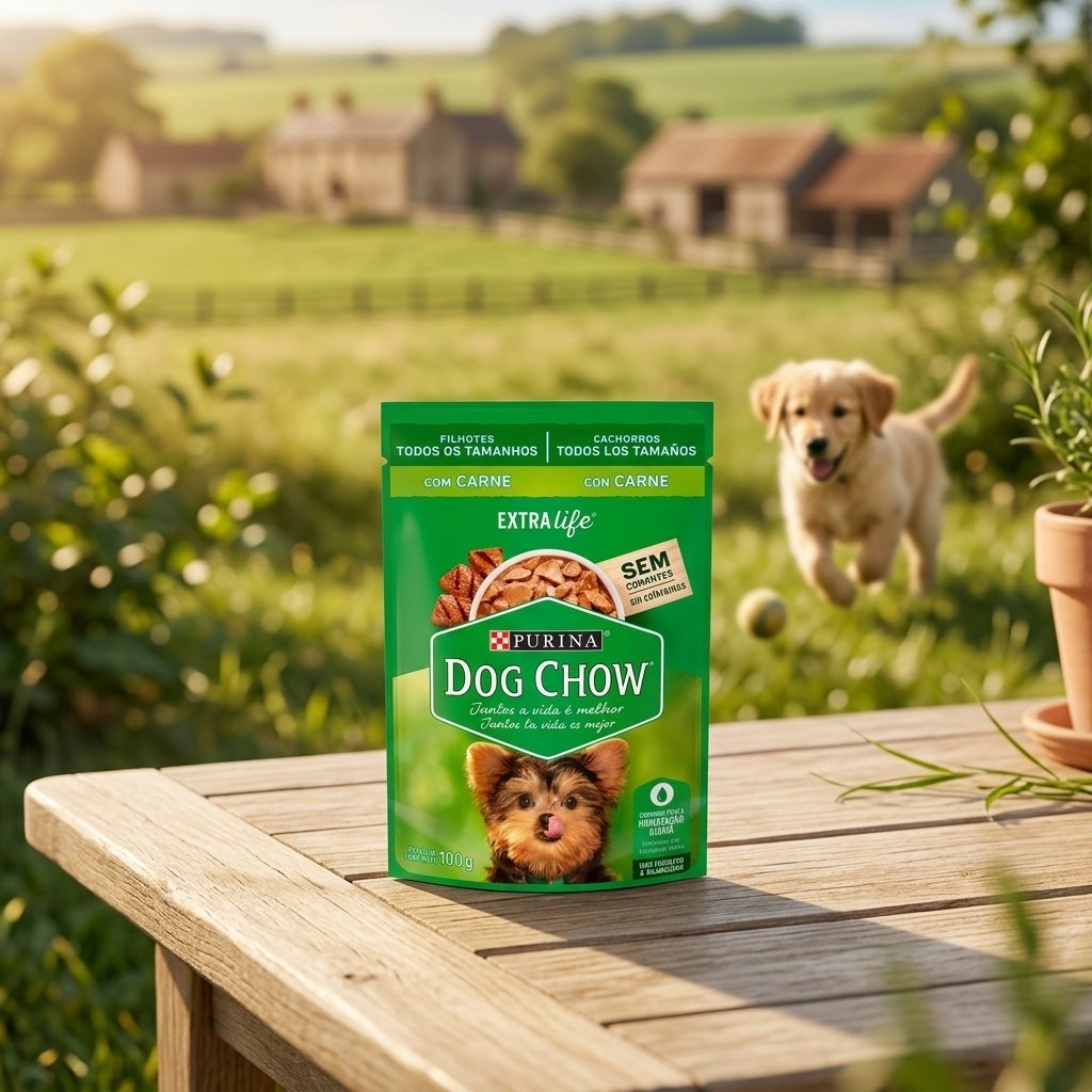 Embalagem de ração seca Purina Dog Chow Defense Total sabor carne para filhotes de 100g