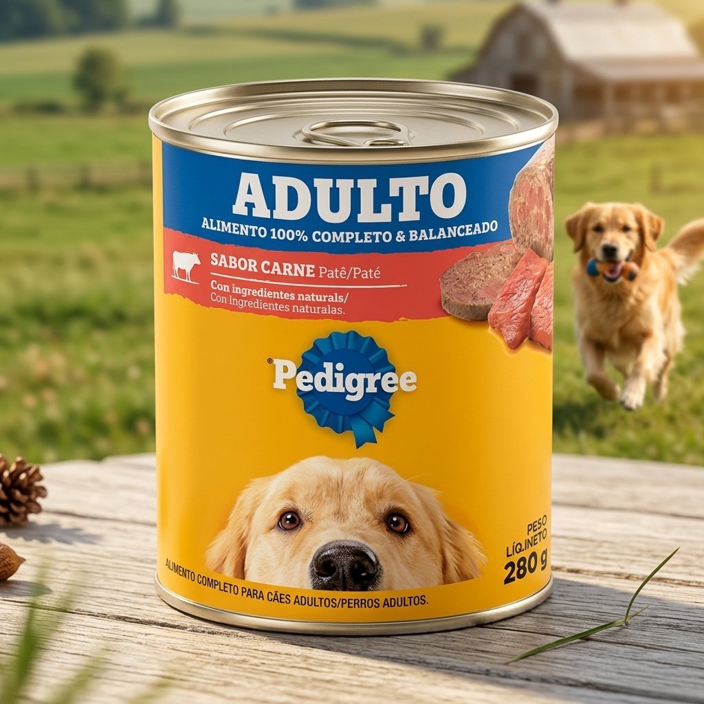 Pedigree Lata Carne Patê Adulto 280g para cães, embalagem frontal com logo e imagem do patê.