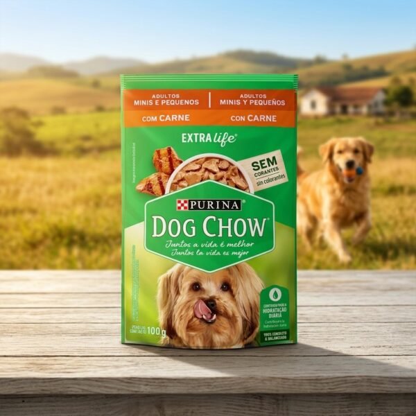 Sachê de ração seca Purina Dog Chow Adultos Raças Pequenas e Mini sabor Carne 100g, com imagem de cão pequeno feliz e logo da marca.