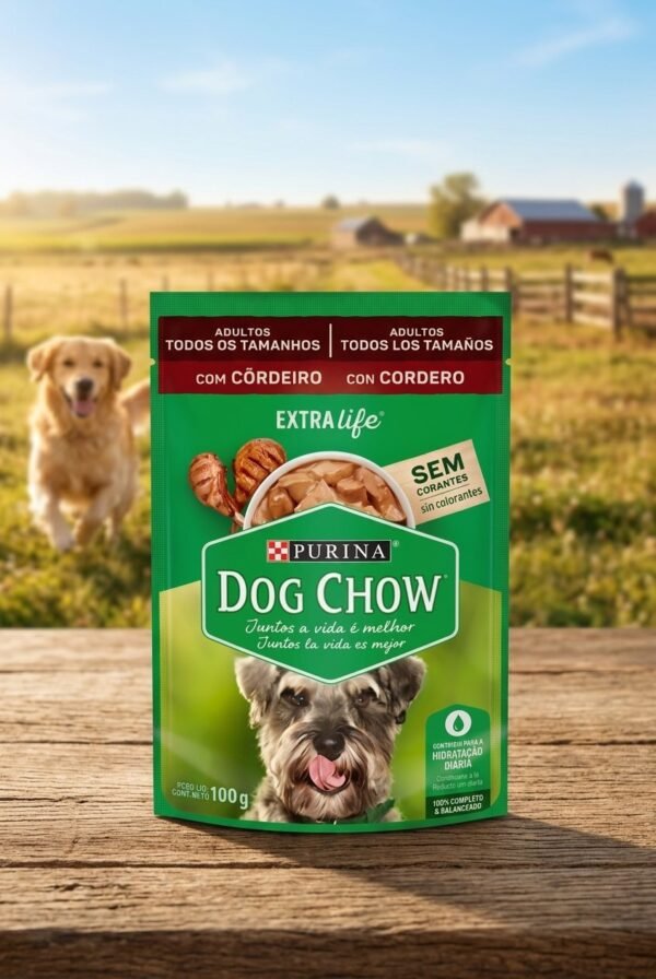 Sachê de alimento úmido Dog Chow sabor Cordeiro para cães adultos, embalagem de 100g.
