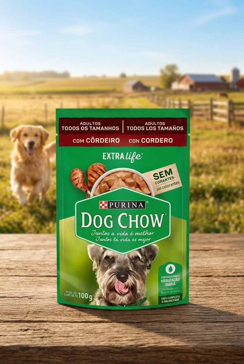 Sachê de alimento úmido Dog Chow sabor Cordeiro para cães adultos, embalagem de 100g.