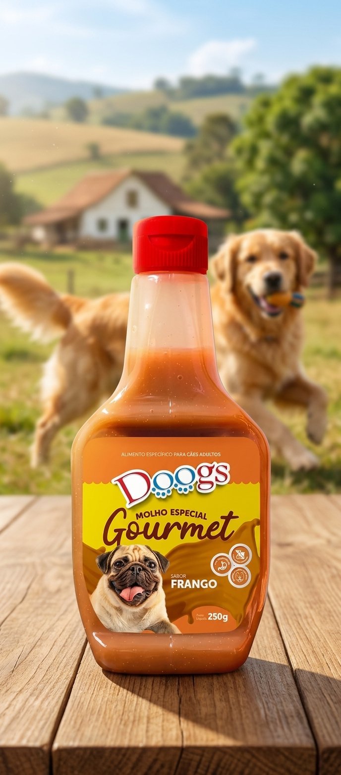 Frasco de Molho Doogs Sabor Frango 250ml para cães, com rótulo azul e imagem de frango.