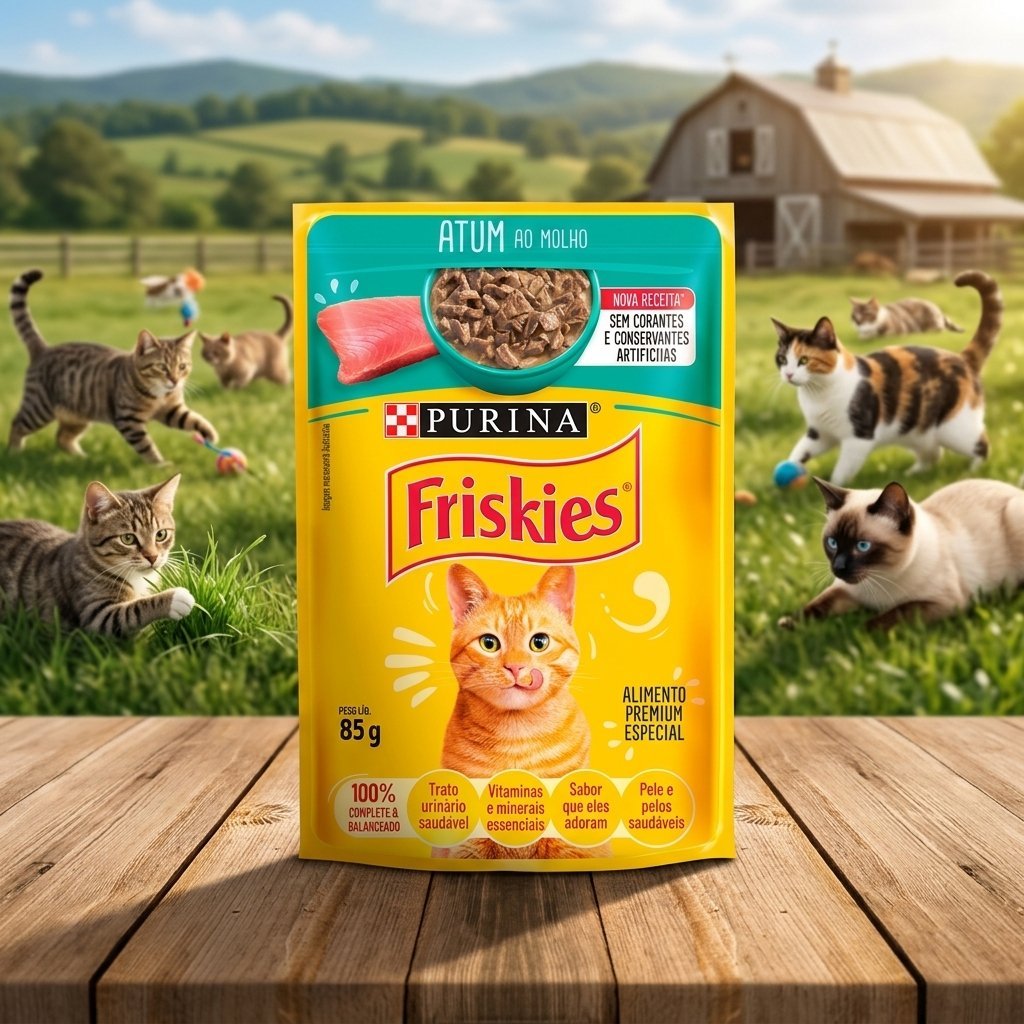 Sachê Friskies Atum ao Molho para Gatos Adultos 85g, embalagem frontal com imagem de atum e gato