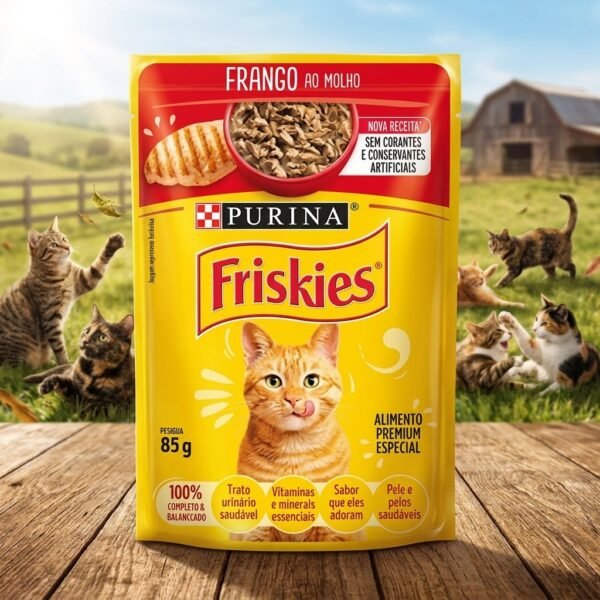 Sachê Friskies Frango ao Molho 85g para gatos adultos, embalagem frontal com imagem de frango e molho