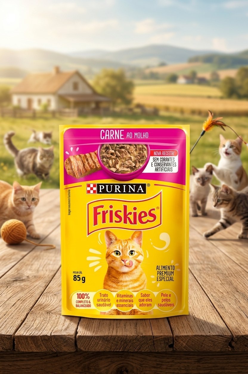 Sachê Friskies Carne ao Molho 85g para gatos adultos, embalagem individual com ilustração de gato feliz e pedaços de carne.