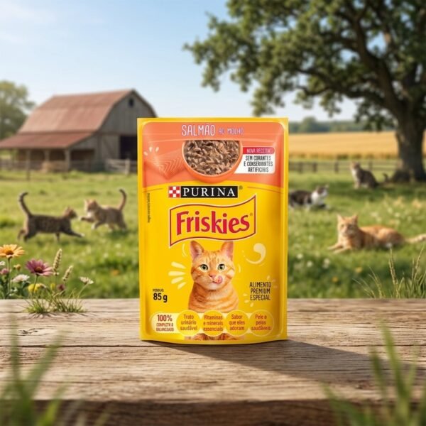 Sachê Friskies Salmão ao Molho 85g para gatos adultos, embalagem azul com imagem de salmão e gato